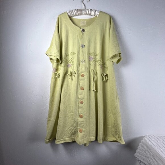 Vintage Blue Fish Women's Button FrontShort Sleeve Dress Yellow Cotton Size 2